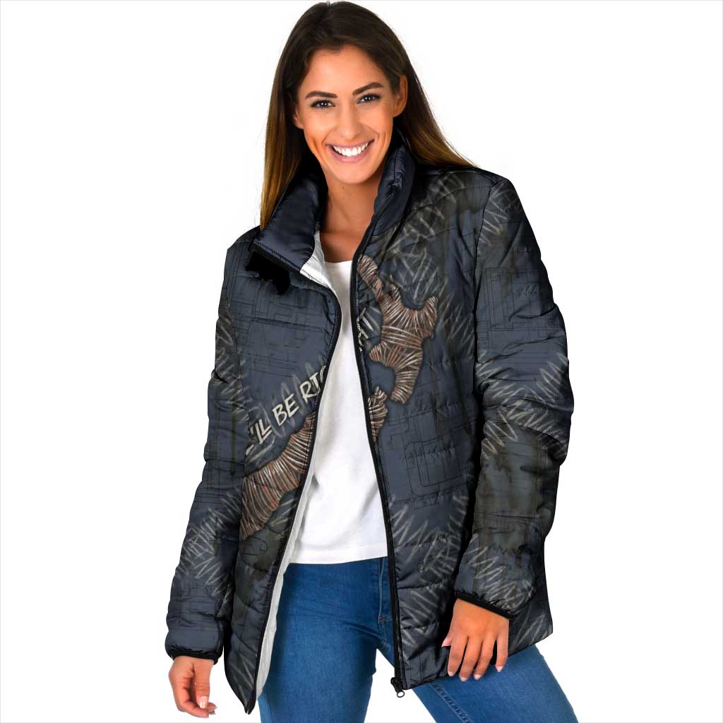 New Zealand She’ll Be Right Padded Jacket NZ Slang No. 8 Wire Map Pattern TS04 Women Navy Slate - Polynesian Pride