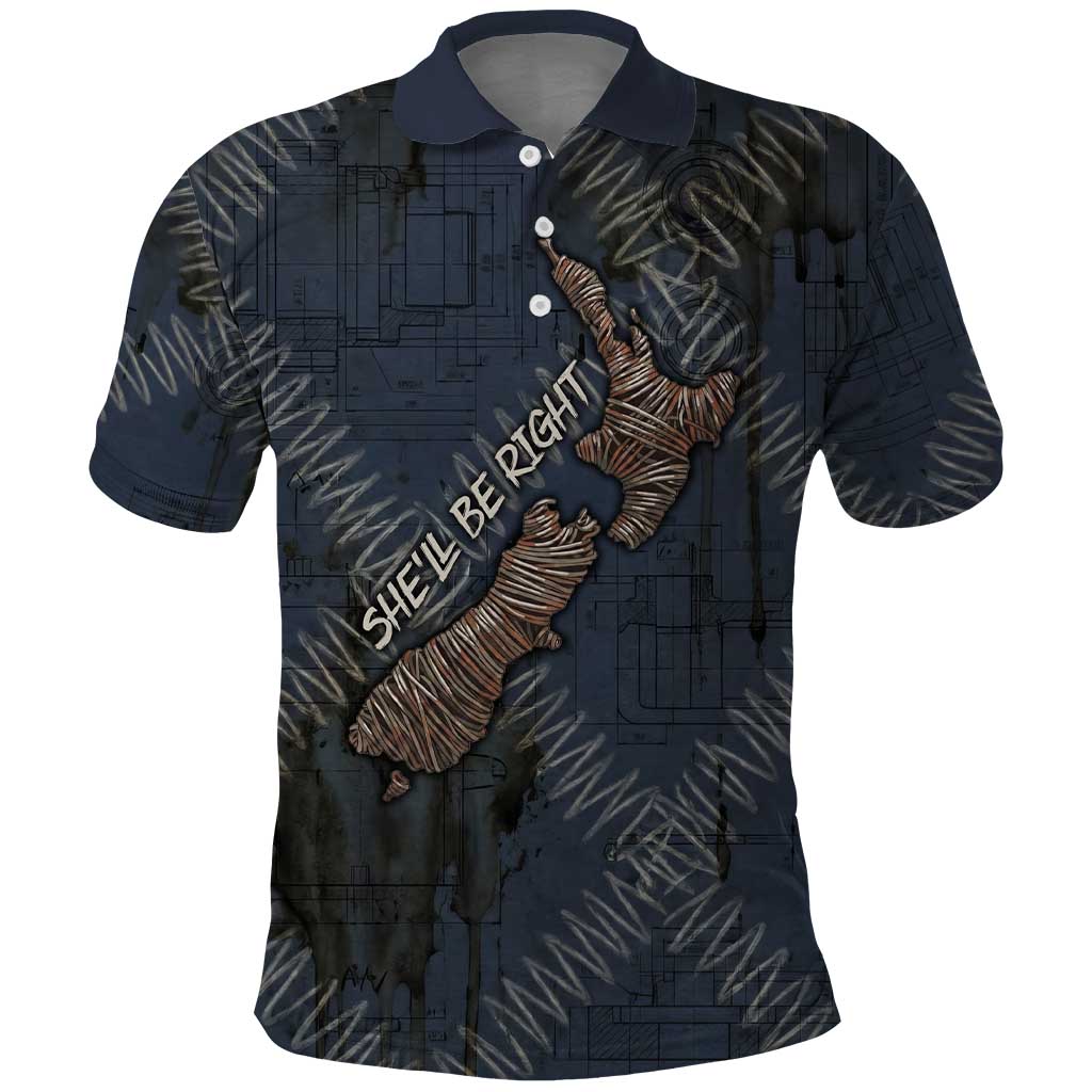 New Zealand She’ll Be Right Polo Shirt NZ Slang No. 8 Wire Map Pattern