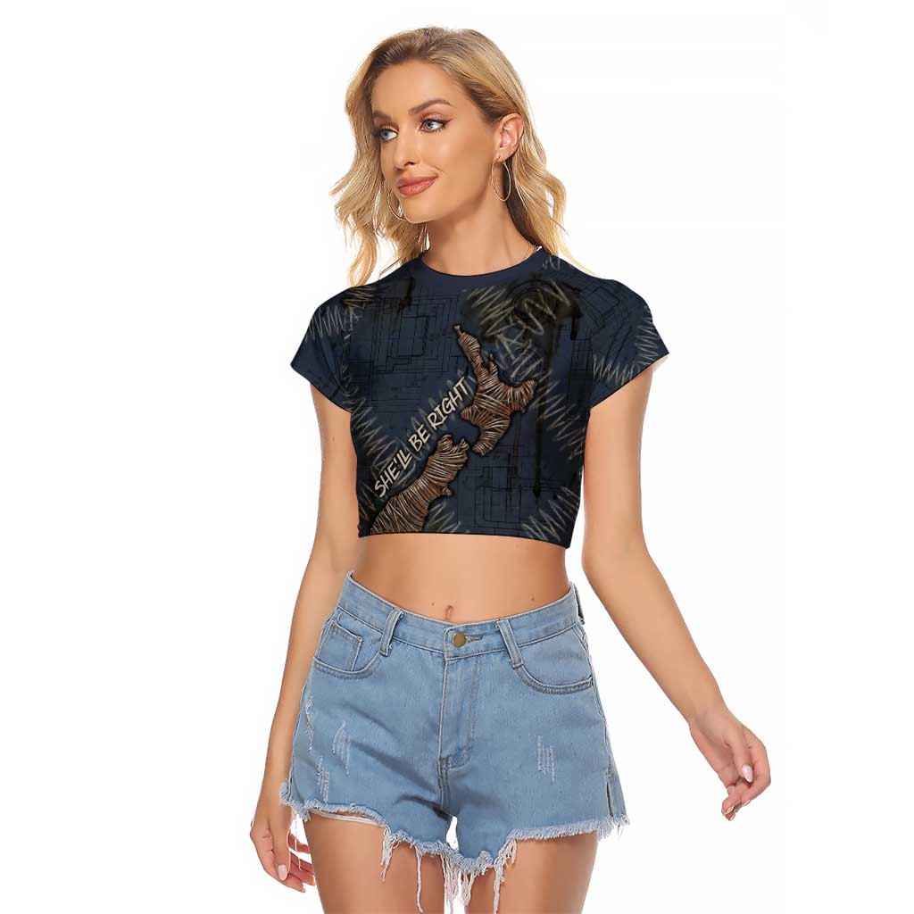 New Zealand She’ll Be Right Raglan Cropped T Shirt NZ Slang No. 8 Wire Map Pattern TS04 Female Navy Slate - Polynesian Pride