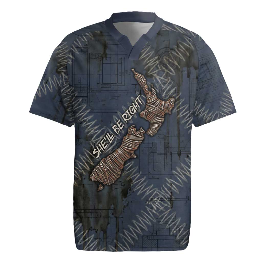 New Zealand She’ll Be Right Rugby Jersey NZ Slang No. 8 Wire Map Pattern