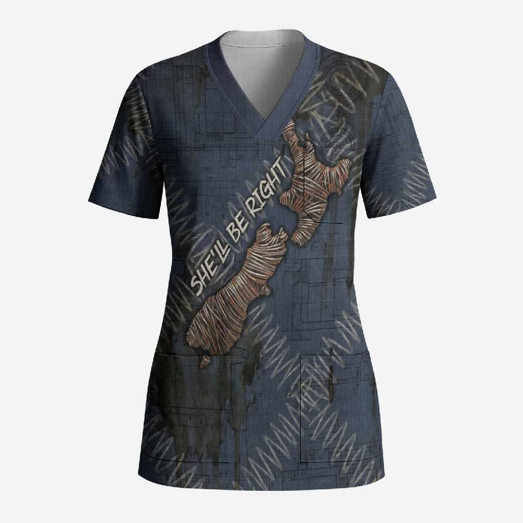 New Zealand She’ll Be Right Scrub Top NZ Slang No. 8 Wire Map Pattern