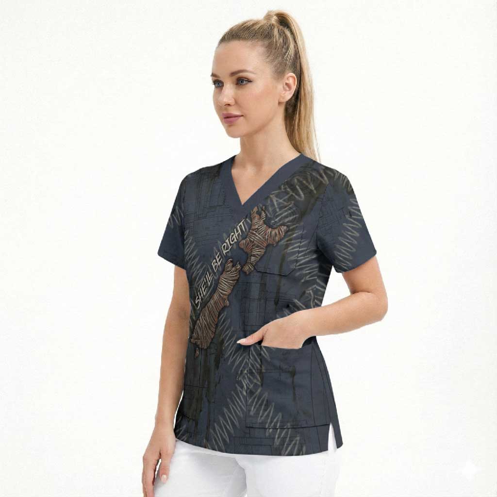 New Zealand She’ll Be Right Scrub Top NZ Slang No. 8 Wire Map Pattern