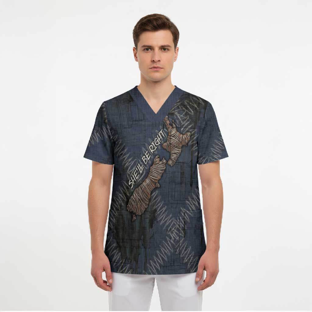 New Zealand She’ll Be Right Scrub Top NZ Slang No. 8 Wire Map Pattern