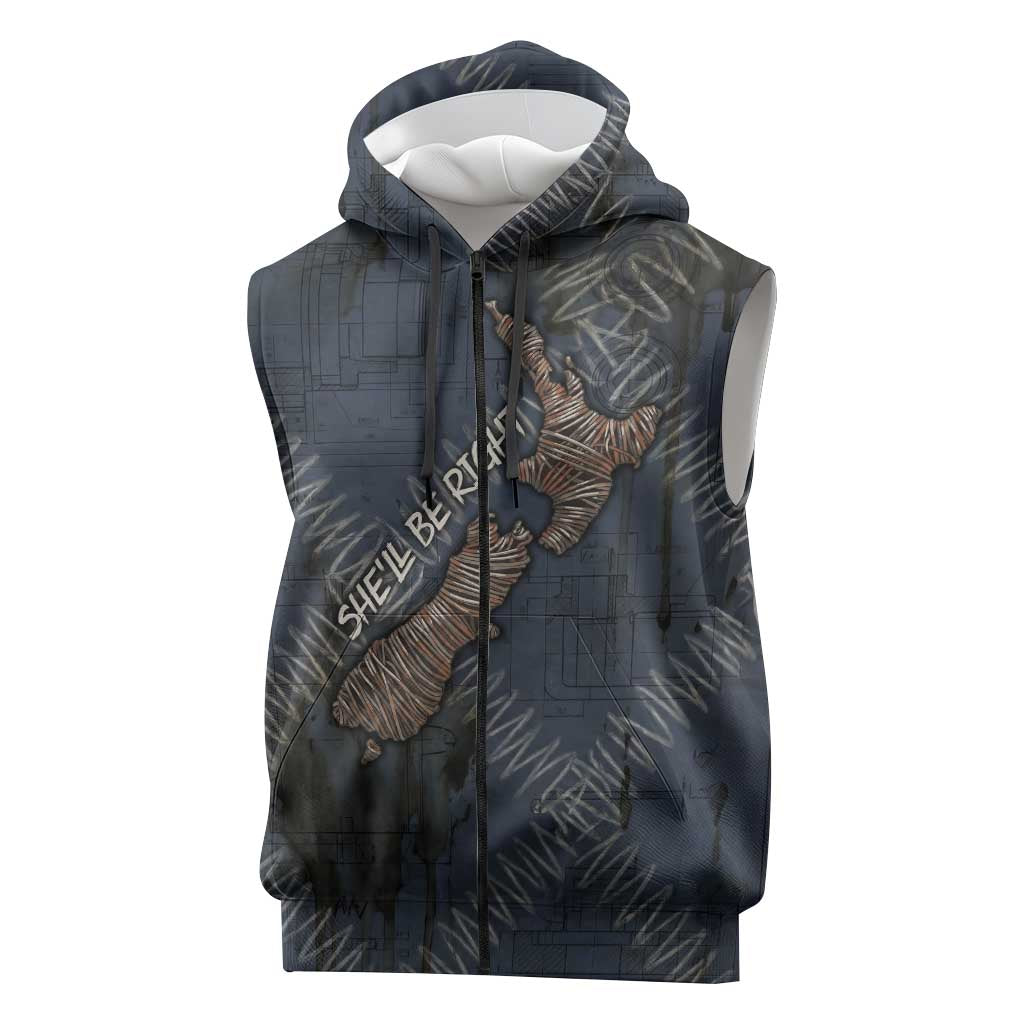 New Zealand She’ll Be Right Sleeveless Zip Hoodie NZ Slang No. 8 Wire Map Pattern TS04 Navy Slate - Polynesian Pride
