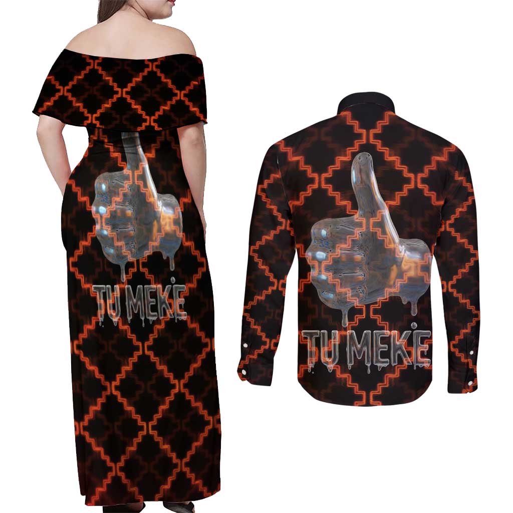 Tu Meke Maori New Zealand Slang Couples Matching Off Shoulder Maxi Dress and Long Sleeve Button Shirt with Glow Neon Step Style TS04 - Polynesian Pride
