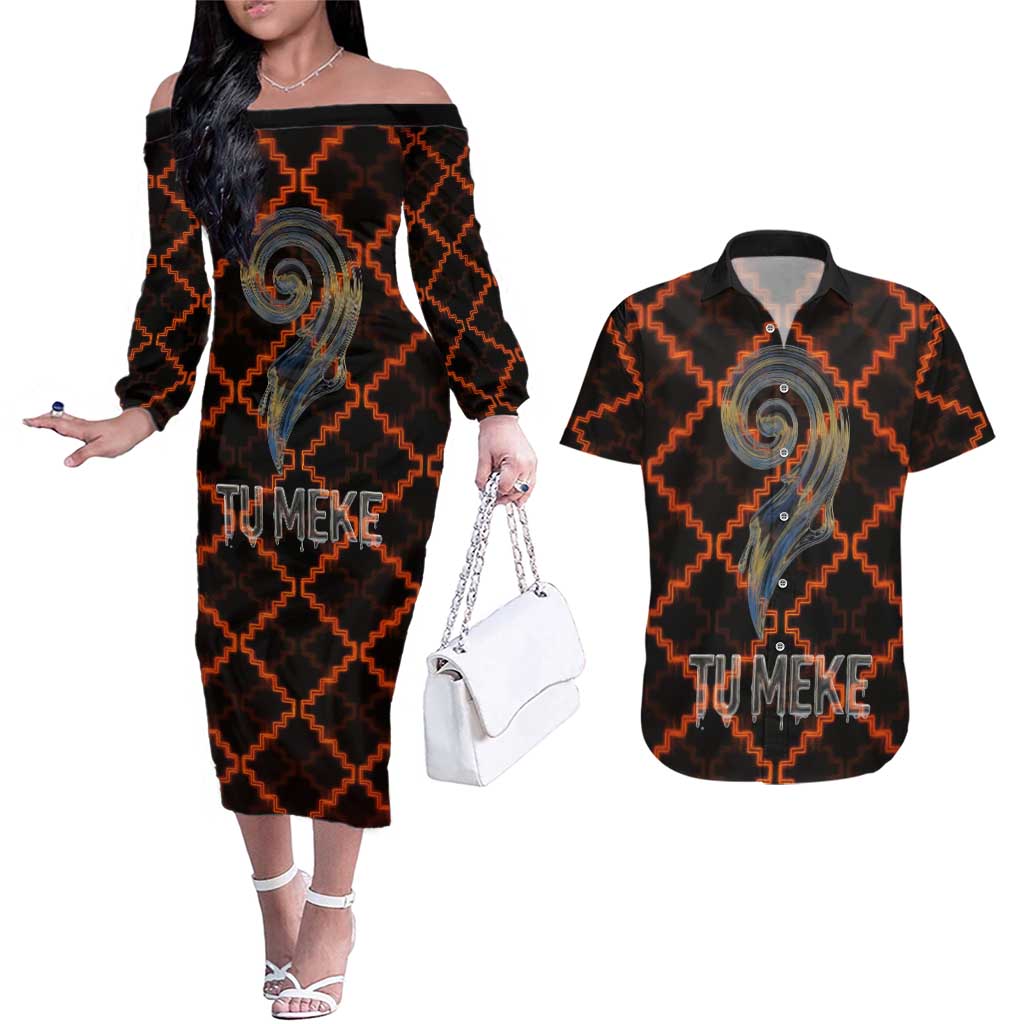 Tu Meke Maori New Zealand Slang Couples Matching Off The Shoulder Long Sleeve Dress and Hawaiian Shirt with Glow Neon Step Style