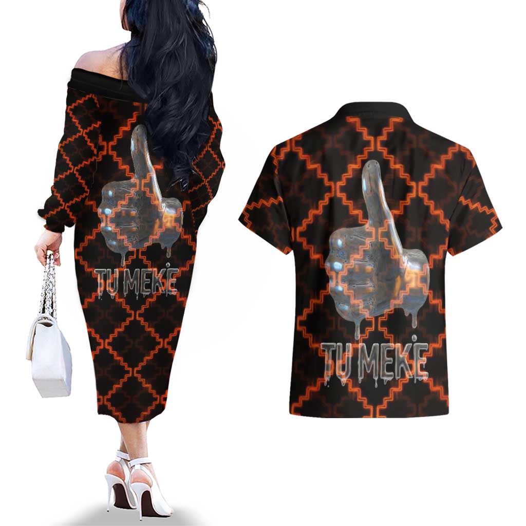 Tu Meke Maori New Zealand Slang Couples Matching Off The Shoulder Long Sleeve Dress and Hawaiian Shirt with Glow Neon Step Style