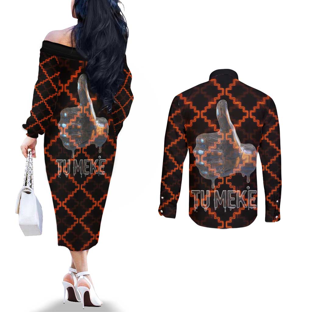 Tu Meke Maori New Zealand Slang Couples Matching Off The Shoulder Long Sleeve Dress and Long Sleeve Button Shirt with Glow Neon Step Style