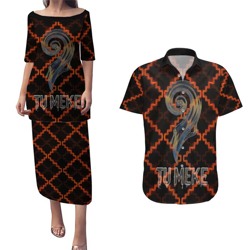 Tu Meke Maori New Zealand Slang Couples Matching Puletasi and Hawaiian Shirt with Glow Neon Step Style TS04 Black Orange - Polynesian Pride
