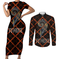 Tu Meke Maori New Zealand Slang Couples Matching Short Sleeve Bodycon Dress and Long Sleeve Button Shirt with Glow Neon Step Style