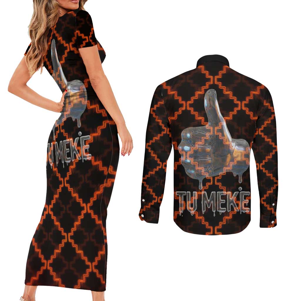 Tu Meke Maori New Zealand Slang Couples Matching Short Sleeve Bodycon Dress and Long Sleeve Button Shirt with Glow Neon Step Style