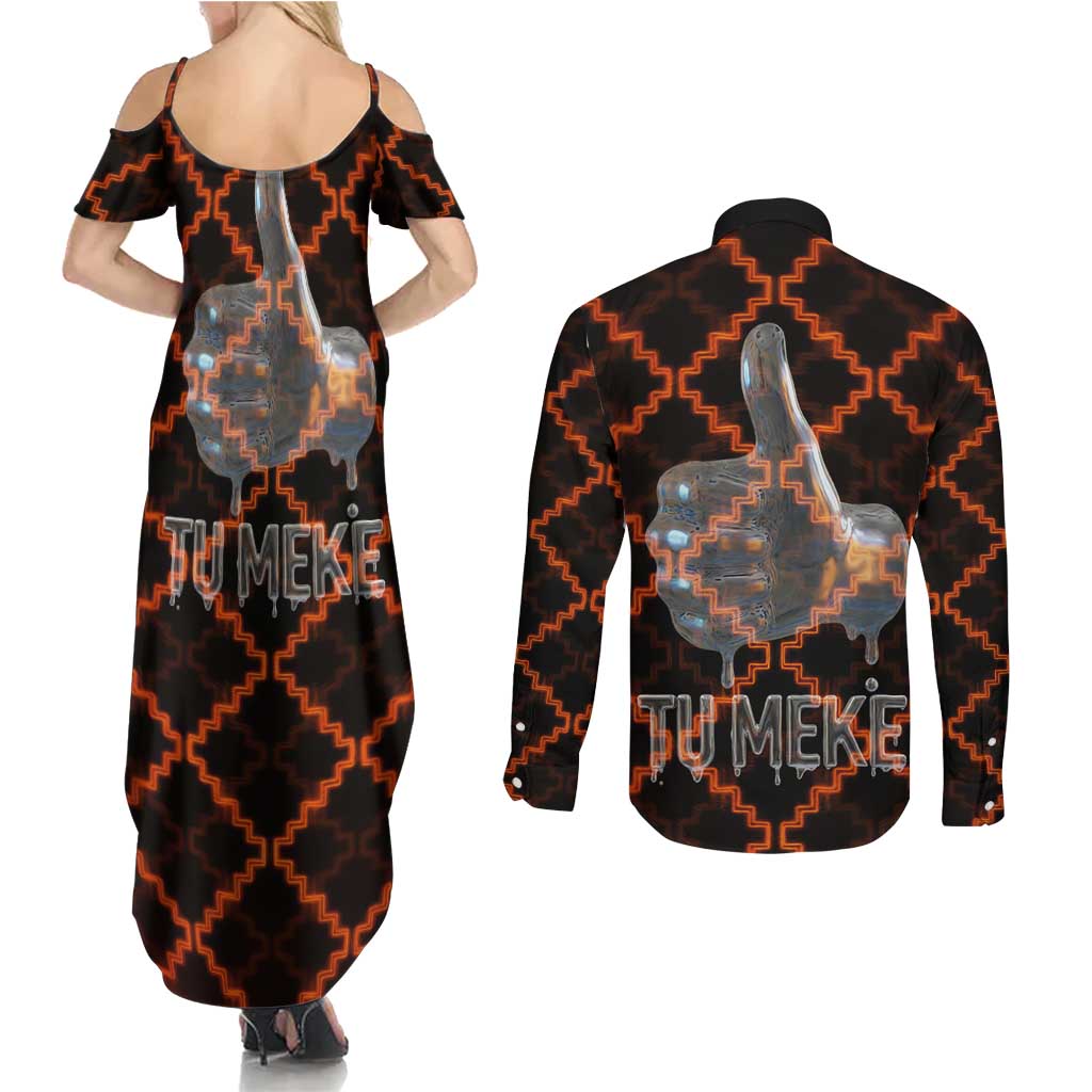 Tu Meke Maori New Zealand Slang Couples Matching Summer Maxi Dress and Long Sleeve Button Shirt with Glow Neon Step Style TS04 - Polynesian Pride