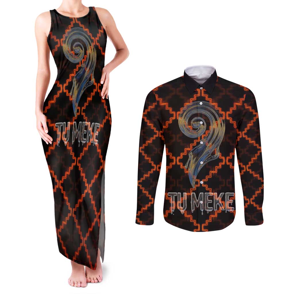 Tu Meke Maori New Zealand Slang Couples Matching Tank Maxi Dress and Long Sleeve Button Shirt with Glow Neon Step Style TS04 Black Orange - Polynesian Pride