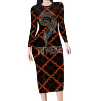 Tu Meke Maori New Zealand Slang Family Matching Long Sleeve Bodycon Dress and Hawaiian Shirt with Glow Neon Step Style TS04 Mom's Dress Black Orange - Polynesian Pride