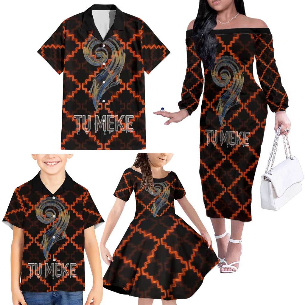 Tu Meke Maori New Zealand Slang Family Matching Off The Shoulder Long Sleeve Dress and Hawaiian Shirt with Glow Neon Step Style