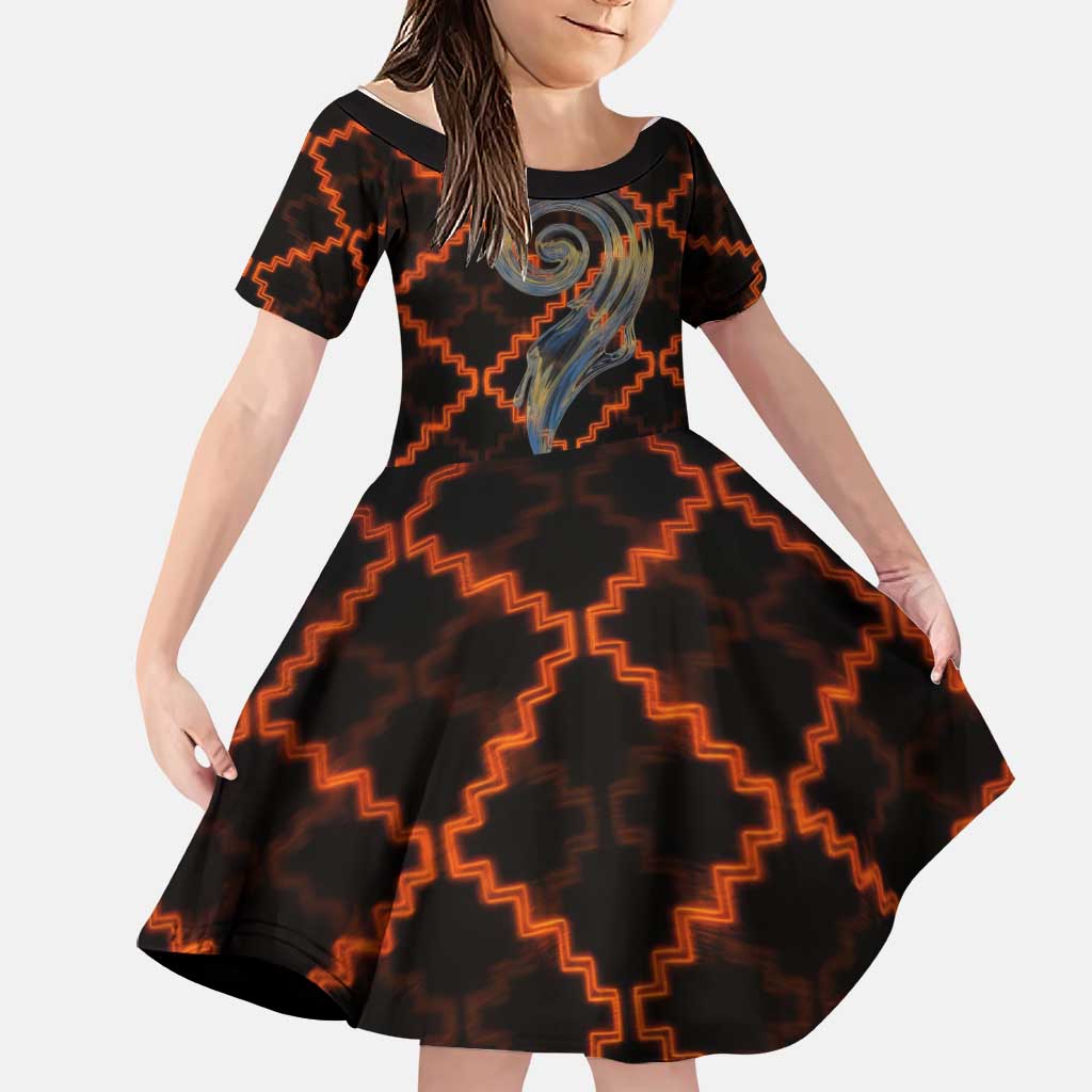 Tu Meke Maori New Zealand Slang Family Matching Puletasi and Hawaiian Shirt with Glow Neon Step Style TS04 Daughter's Dress Black Orange - Polynesian Pride