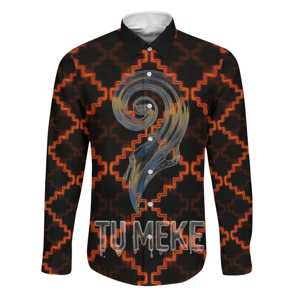 Tu Meke Maori New Zealand Slang Family Matching Puletasi and Hawaiian Shirt with Glow Neon Step Style TS04 Dad's Shirt - Long Sleeve Black Orange - Polynesian Pride