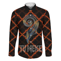Tu Meke Maori New Zealand Slang Family Matching Puletasi and Hawaiian Shirt with Glow Neon Step Style TS04 Dad's Shirt - Long Sleeve Black Orange - Polynesian Pride