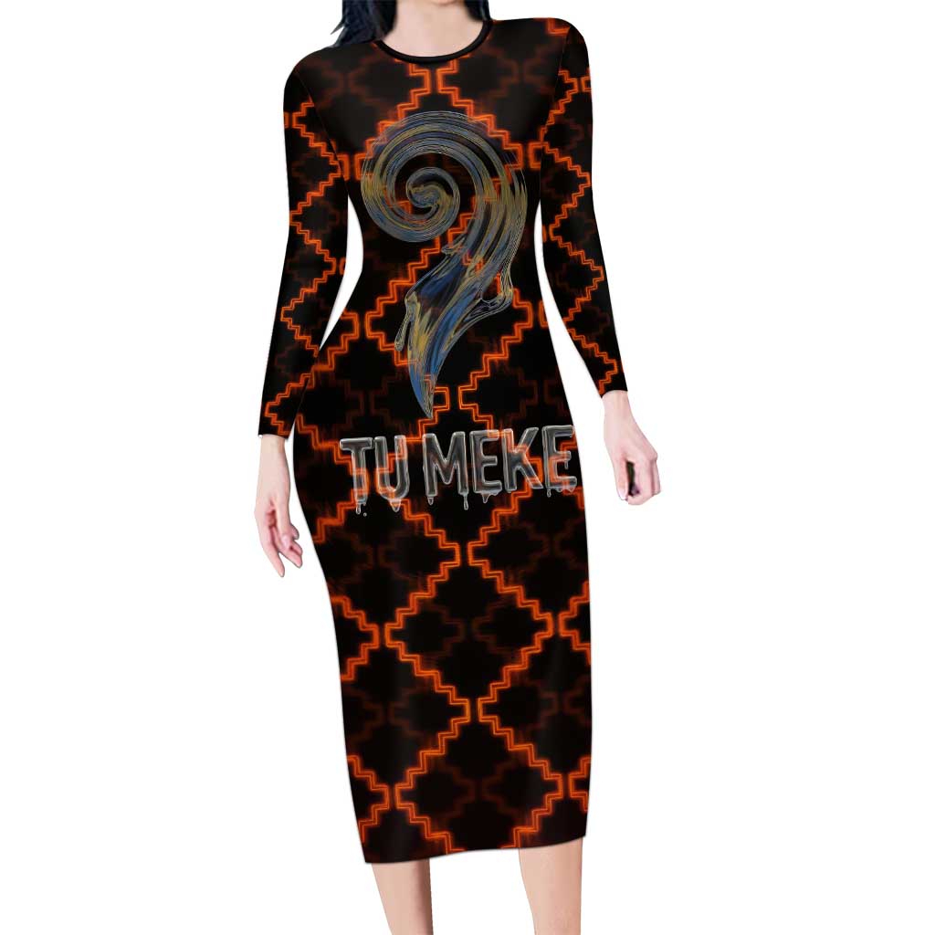 Tu Meke Maori New Zealand Slang Long Sleeve Bodycon Dress with Glow Neon Step Style TS04 Long Dress Black Orange - Polynesian Pride
