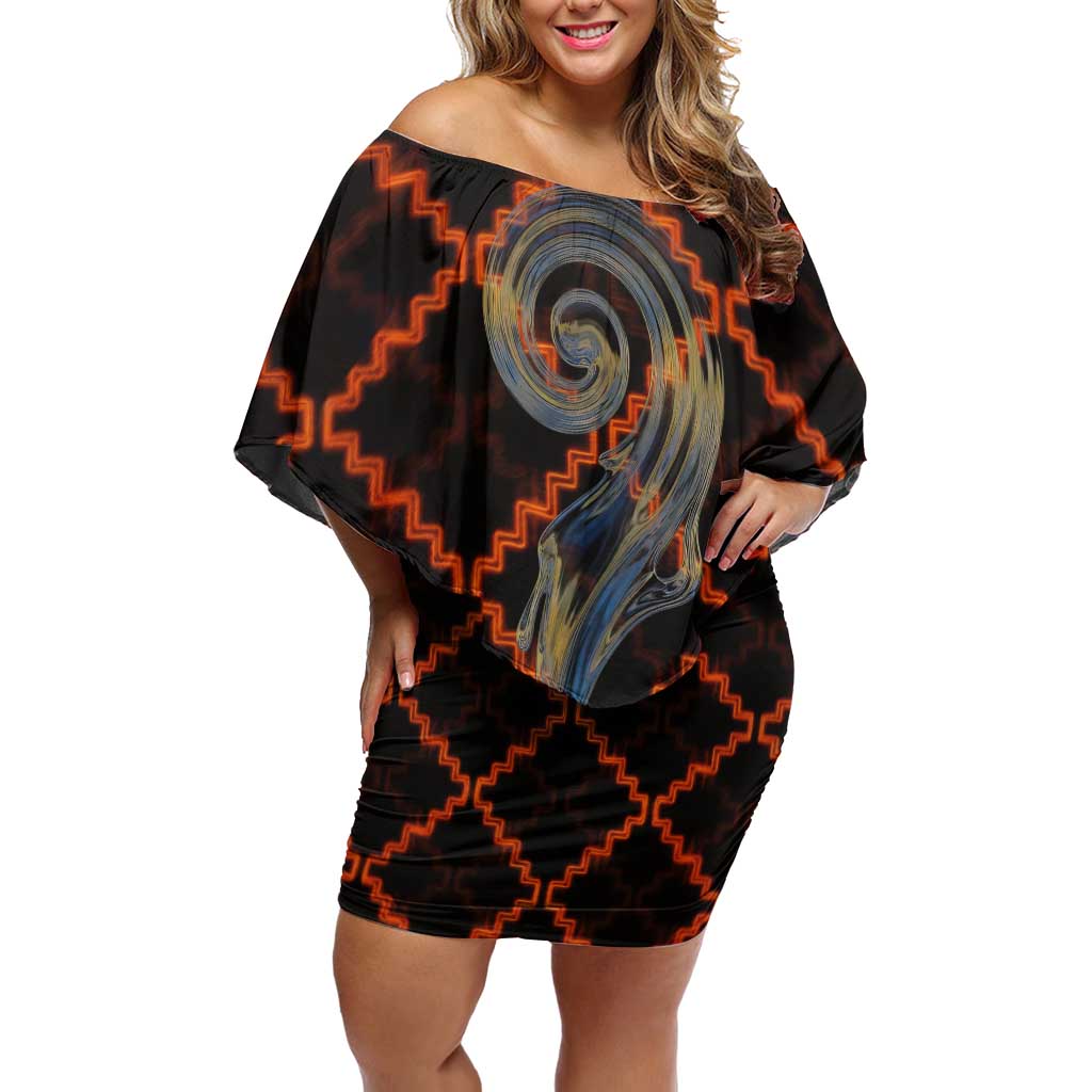 Tu Meke Maori New Zealand Slang Off Shoulder Short Dress with Glow Neon Step Style TS04 Women Black Orange - Polynesian Pride