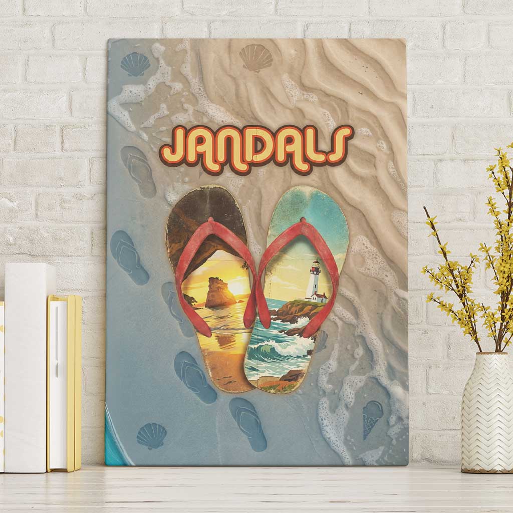 Kiwi Jandal Beach Life Canvas Wall Art New Zealand Flip Flops Ocean Wave Surf Style TS04 Without Frame Beige Cyan - Polynesian Pride