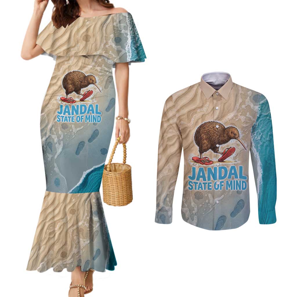 Kiwi Jandal Beach Life Couples Matching Mermaid Dress and Long Sleeve Button Shirt New Zealand Flip Flops Ocean Wave Surf Style