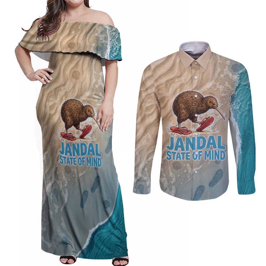 Kiwi Jandal Beach Life Couples Matching Off Shoulder Maxi Dress and Long Sleeve Button Shirt New Zealand Flip Flops Ocean Wave Surf Style TS04 Beige Cyan - Polynesian Pride