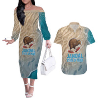 Kiwi Jandal Beach Life Couples Matching Off The Shoulder Long Sleeve Dress and Hawaiian Shirt New Zealand Flip Flops Ocean Wave Surf Style TS04 Beige Cyan - Polynesian Pride