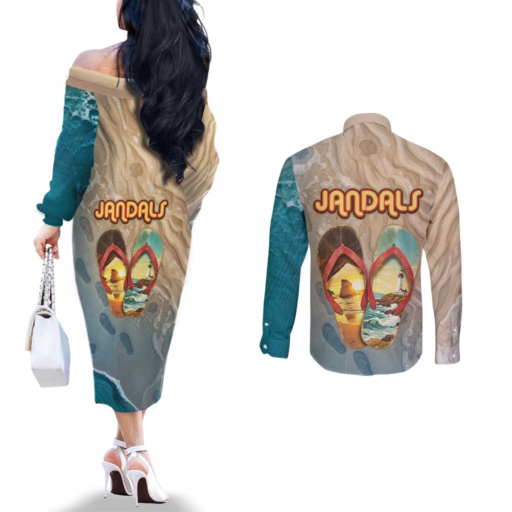 Kiwi Jandal Beach Life Couples Matching Off The Shoulder Long Sleeve Dress and Long Sleeve Button Shirt New Zealand Flip Flops Ocean Wave Surf Style