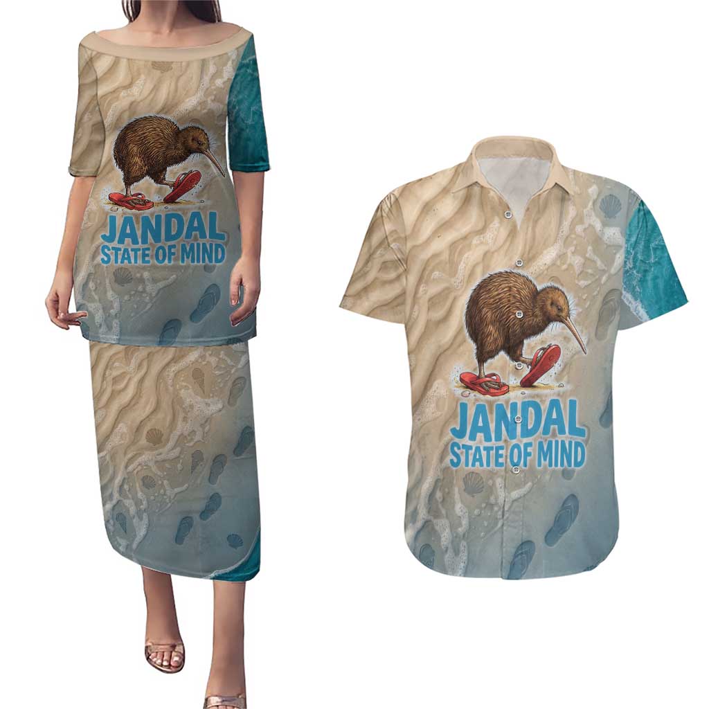 Kiwi Jandal Beach Life Couples Matching Puletasi and Hawaiian Shirt New Zealand Flip Flops Ocean Wave Surf Style TS04 Beige Cyan - Polynesian Pride