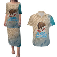 Kiwi Jandal Beach Life Couples Matching Puletasi and Hawaiian Shirt New Zealand Flip Flops Ocean Wave Surf Style TS04 Beige Cyan - Polynesian Pride