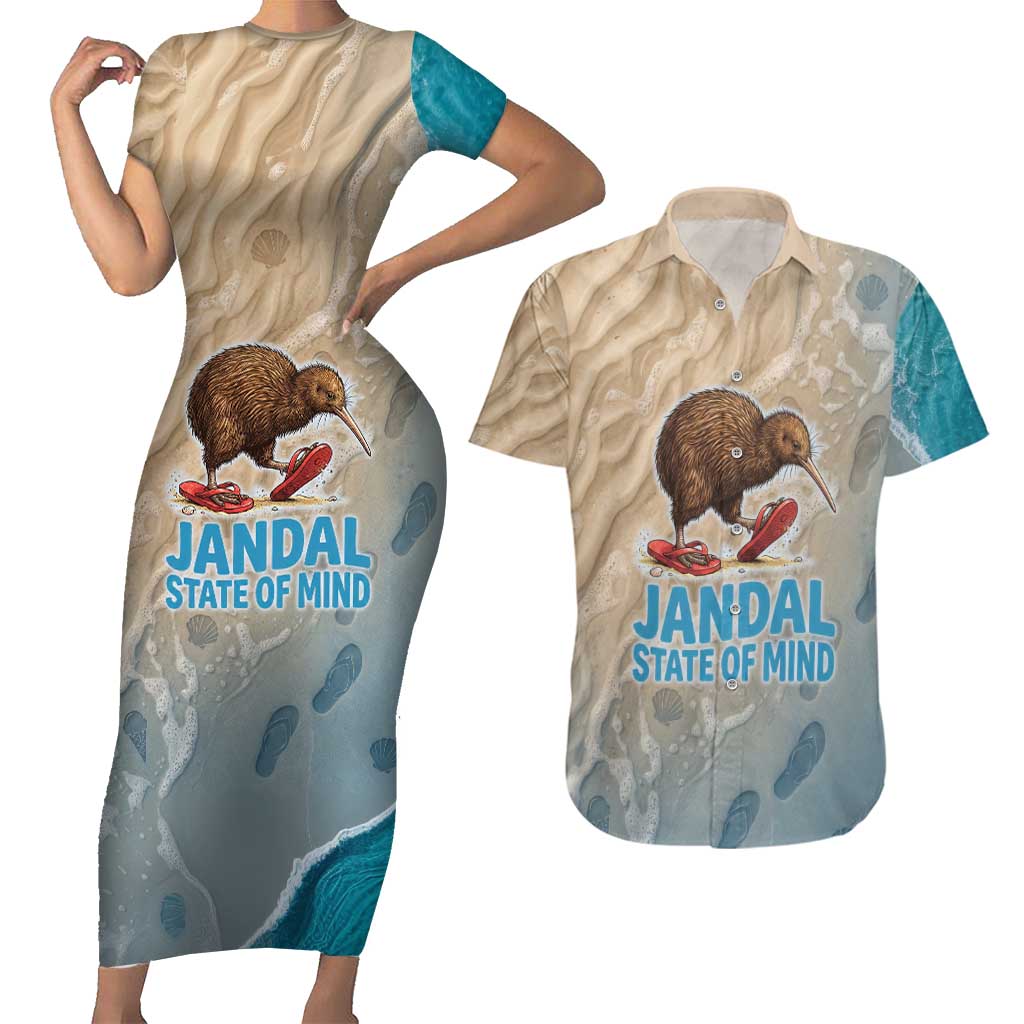 Kiwi Jandal Beach Life Couples Matching Short Sleeve Bodycon Dress and Hawaiian Shirt New Zealand Flip Flops Ocean Wave Surf Style TS04 Beige Cyan - Polynesian Pride