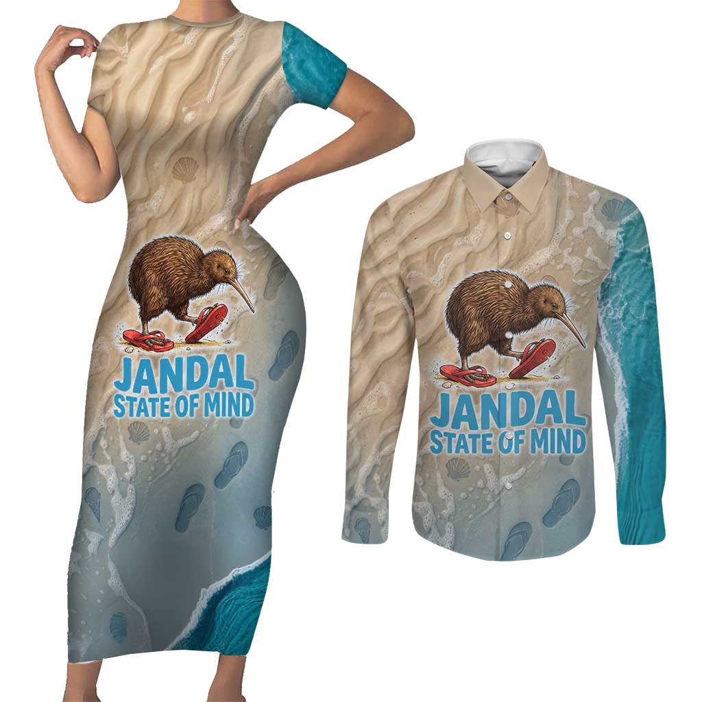 Kiwi Jandal Beach Life Couples Matching Short Sleeve Bodycon Dress and Long Sleeve Button Shirt New Zealand Flip Flops Ocean Wave Surf Style TS04 Beige Cyan - Polynesian Pride