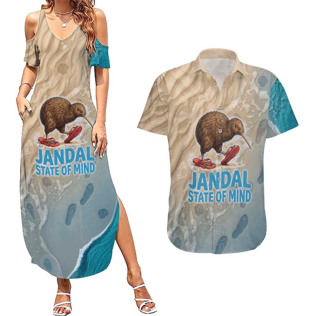 Kiwi Jandal Beach Life Couples Matching Summer Maxi Dress and Hawaiian Shirt New Zealand Flip Flops Ocean Wave Surf Style