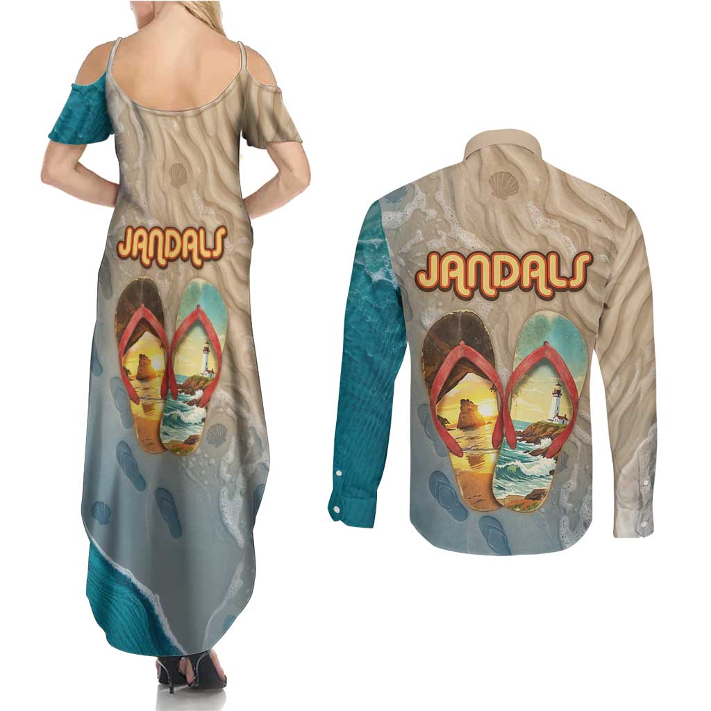 Kiwi Jandal Beach Life Couples Matching Summer Maxi Dress and Long Sleeve Button Shirt New Zealand Flip Flops Ocean Wave Surf Style TS04 - Polynesian Pride