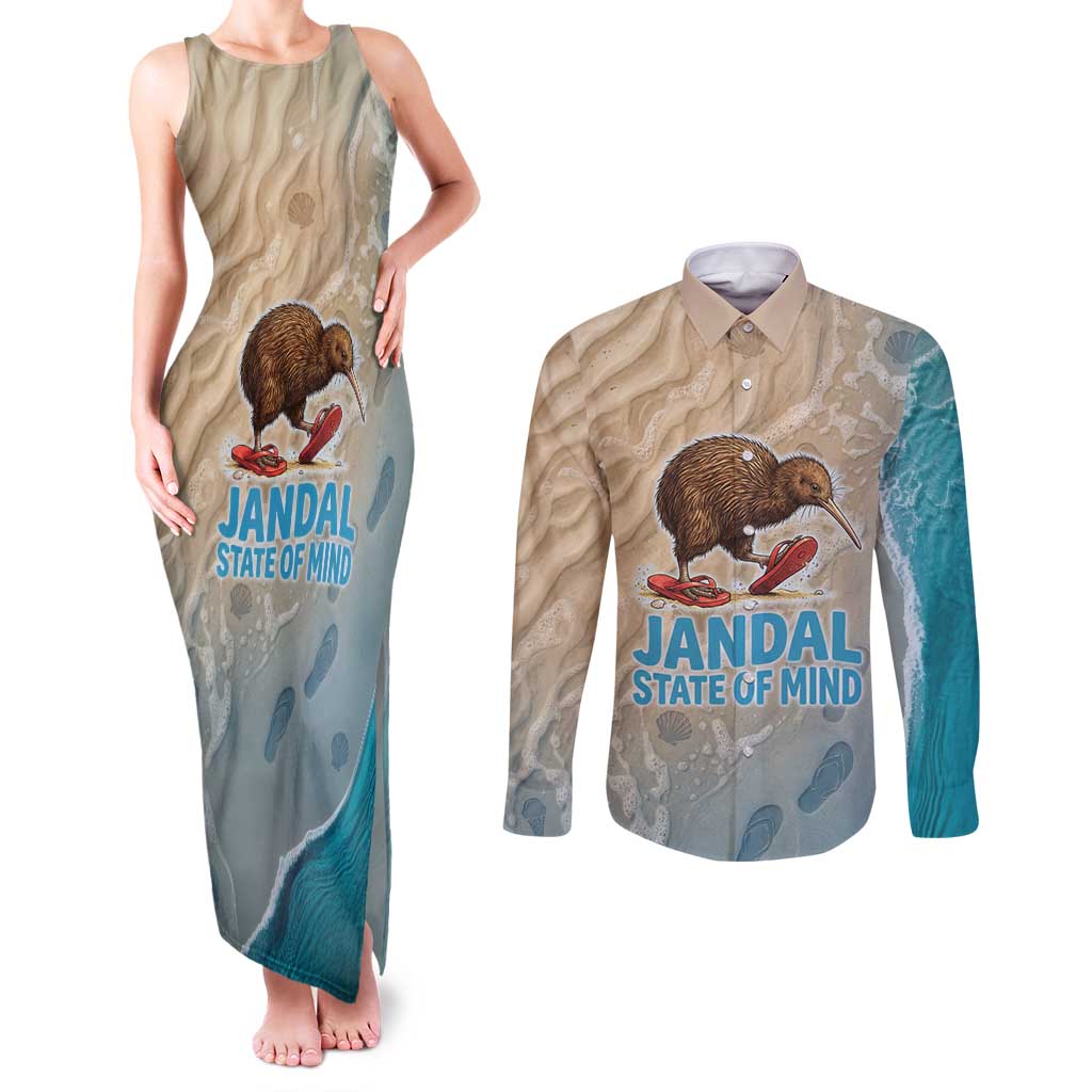 Kiwi Jandal Beach Life Couples Matching Tank Maxi Dress and Long Sleeve Button Shirt New Zealand Flip Flops Ocean Wave Surf Style TS04 Beige Cyan - Polynesian Pride