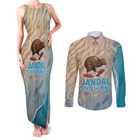 Kiwi Jandal Beach Life Couples Matching Tank Maxi Dress and Long Sleeve Button Shirt New Zealand Flip Flops Ocean Wave Surf Style TS04 Beige Cyan - Polynesian Pride