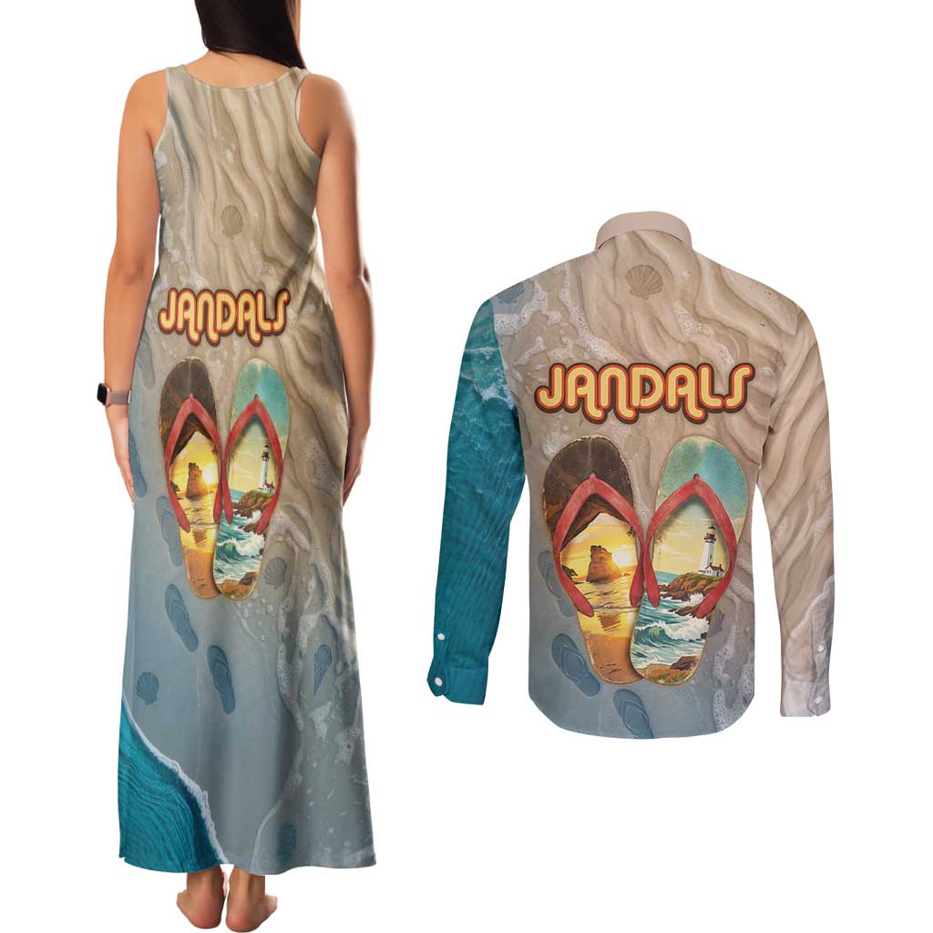Kiwi Jandal Beach Life Couples Matching Tank Maxi Dress and Long Sleeve Button Shirt New Zealand Flip Flops Ocean Wave Surf Style TS04 - Polynesian Pride