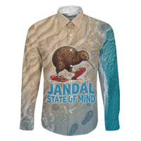 Kiwi Jandal Beach Life Family Matching Long Sleeve Bodycon Dress and Hawaiian Shirt New Zealand Flip Flops Ocean Wave Surf Style TS04 Dad's Shirt - Long Sleeve Beige Cyan - Polynesian Pride