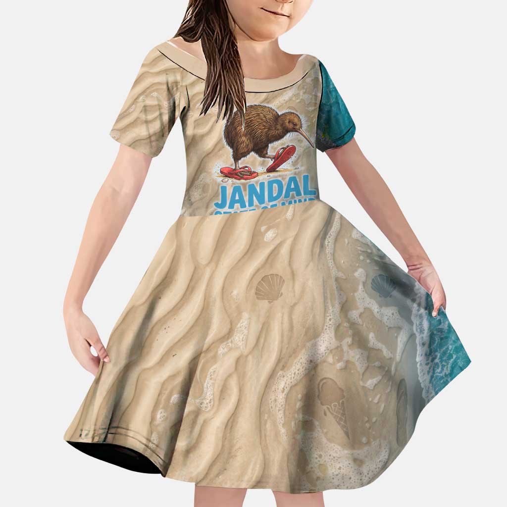 Kiwi Jandal Beach Life Family Matching Mermaid Dress and Hawaiian Shirt New Zealand Flip Flops Ocean Wave Surf Style TS04 Daughter's Dress Beige Cyan - Polynesian Pride