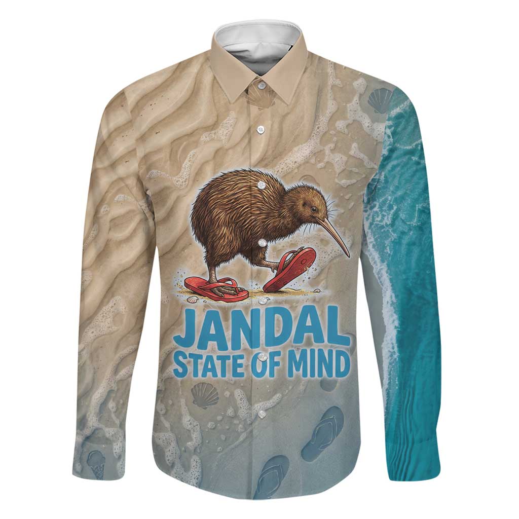 Kiwi Jandal Beach Life Family Matching Off The Shoulder Long Sleeve Dress and Hawaiian Shirt New Zealand Flip Flops Ocean Wave Surf Style TS04 Dad's Shirt - Long Sleeve Beige Cyan - Polynesian Pride