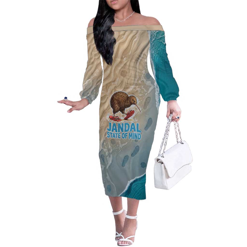 Kiwi Jandal Beach Life Family Matching Off The Shoulder Long Sleeve Dress and Hawaiian Shirt New Zealand Flip Flops Ocean Wave Surf Style TS04 Mom's Dress Beige Cyan - Polynesian Pride