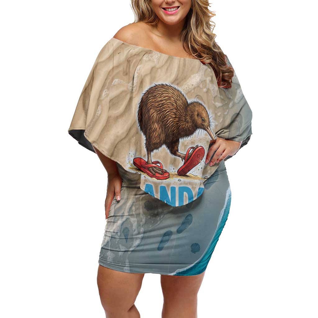 Kiwi Jandal Beach Life Family Matching Off Shoulder Short Dress and Hawaiian Shirt New Zealand Flip Flops Ocean Wave Surf Style TS04 Mom's Dress Beige Cyan - Polynesian Pride