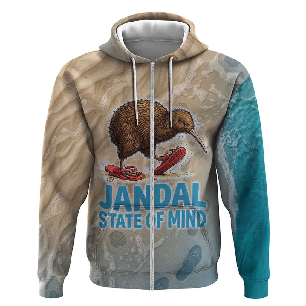Kiwi Jandal Beach Life Hoodie New Zealand Flip Flops Ocean Wave Surf Style TS04 Zip Hoodie Beige Cyan - Polynesian Pride
