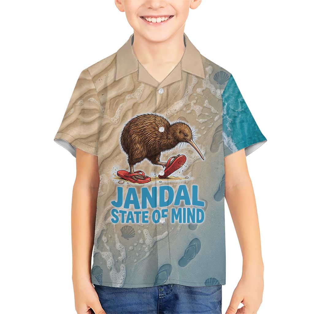 Kiwi Jandal Beach Life Kid Hawaiian Shirt New Zealand Flip Flops Ocean Wave Surf Style TS04 Kid Beige Cyan - Polynesian Pride
