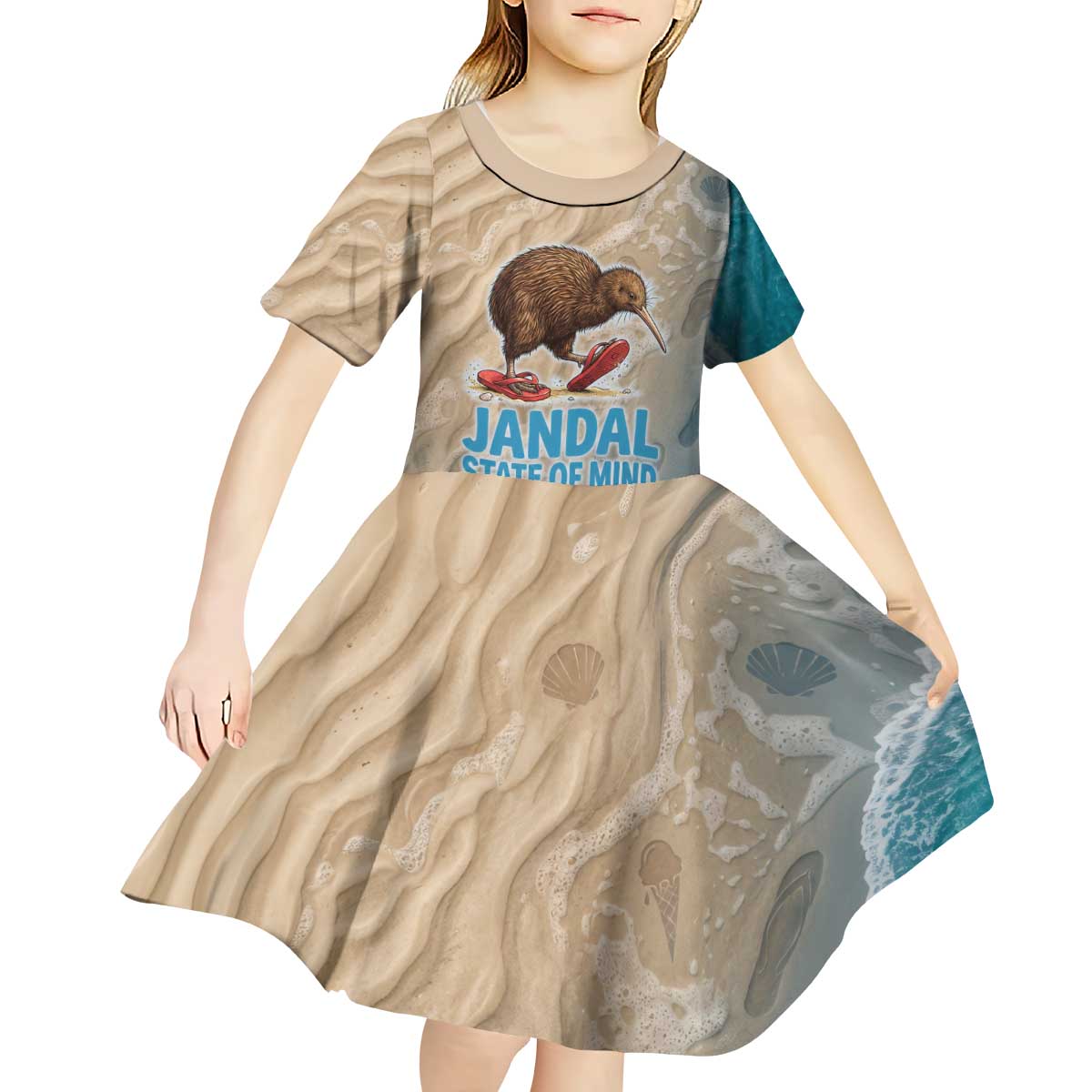 Kiwi Jandal Beach Life Kid Short Sleeve Dress New Zealand Flip Flops Ocean Wave Surf Style