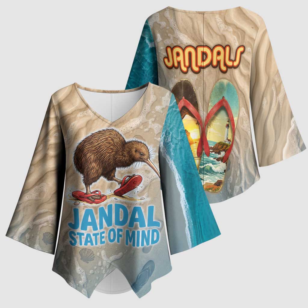 Kiwi Jandal Beach Life Kimono Sleeve Blouse New Zealand Flip Flops Ocean Wave Surf Style