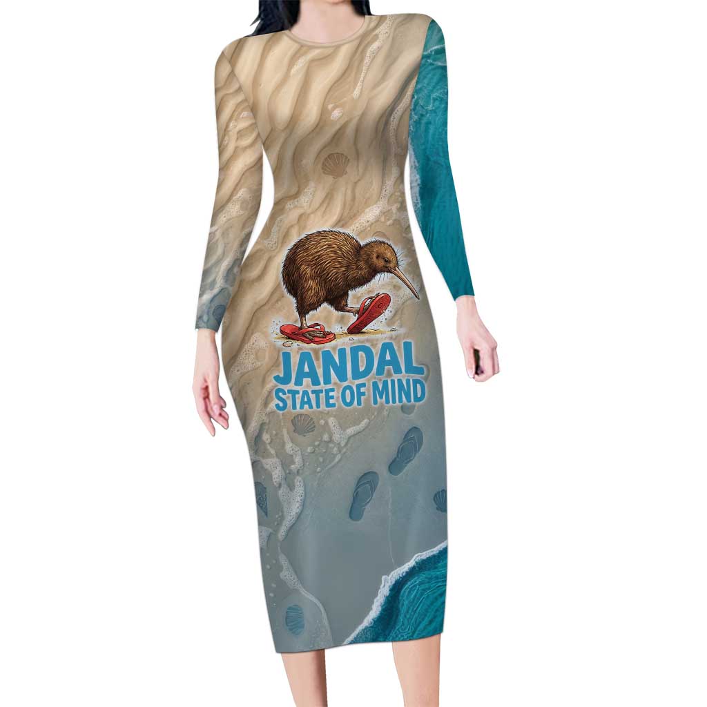 Kiwi Jandal Beach Life Long Sleeve Bodycon Dress New Zealand Flip Flops Ocean Wave Surf Style TS04 Long Dress Beige Cyan - Polynesian Pride