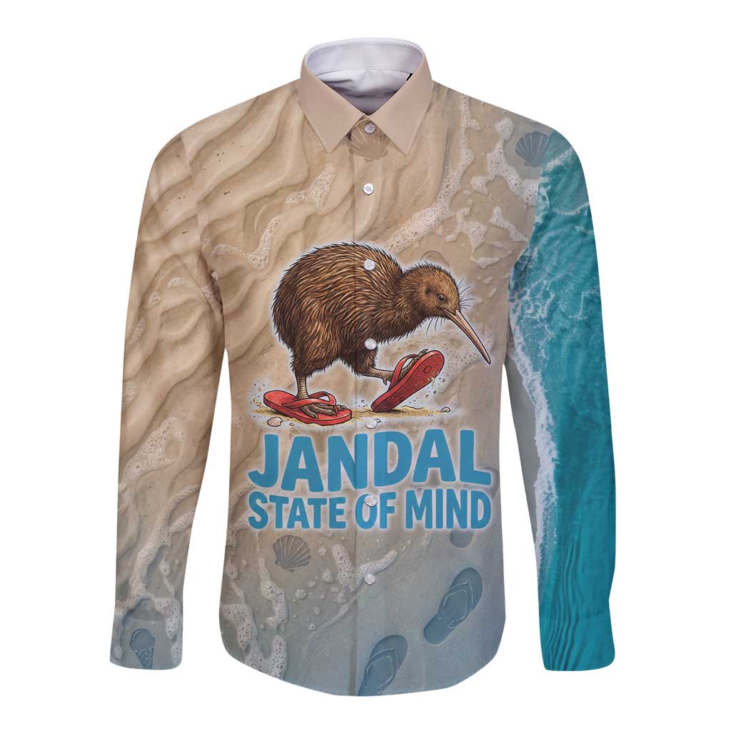 Kiwi Jandal Beach Life Long Sleeve Button Shirt New Zealand Flip Flops Ocean Wave Surf Style TS04 Unisex Beige Cyan - Polynesian Pride