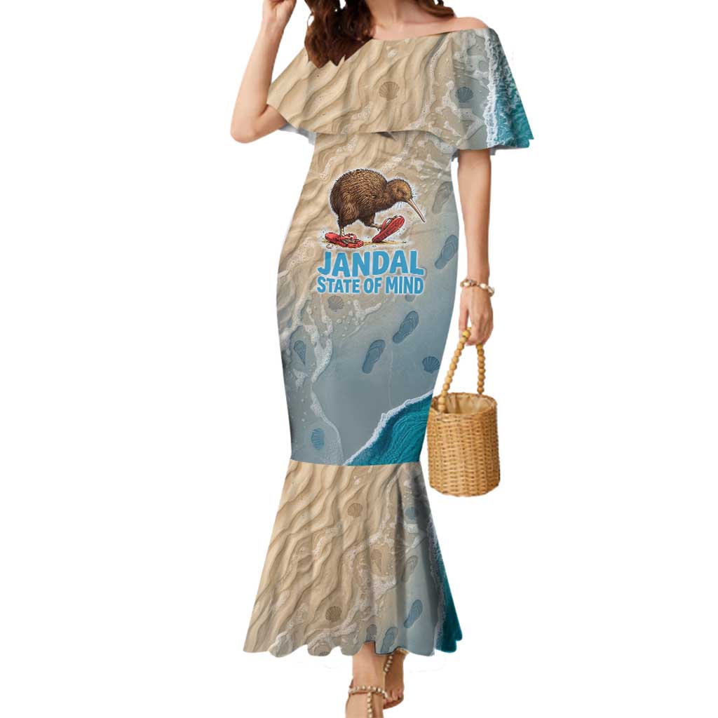 Kiwi Jandal Beach Life Mermaid Dress New Zealand Flip Flops Ocean Wave Surf Style TS04 Women Beige Cyan - Polynesian Pride